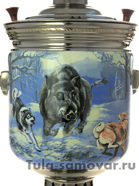 Самовар на дровах с росписью "Зимняя охота на кабана" 7 л (никель), арт. 210532