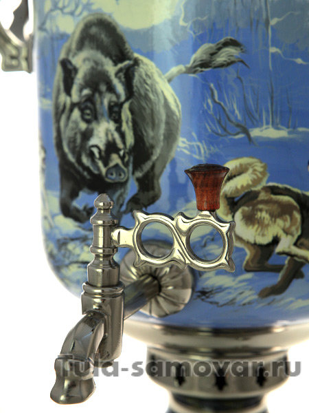 Самовар на дровах с росписью "Зимняя охота на кабана" 7 л (никель), арт. 210532