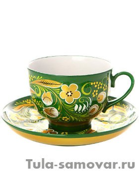 Чашка с блюдцем чайная &quot;Хохлома на зеленом фоне&quot;