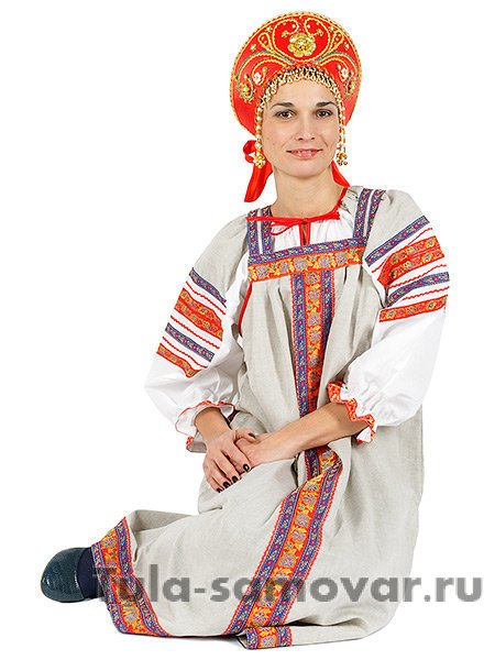 Русский народный костюм "Забава" льняной комплект бежевый сарафан и блузка XS-L