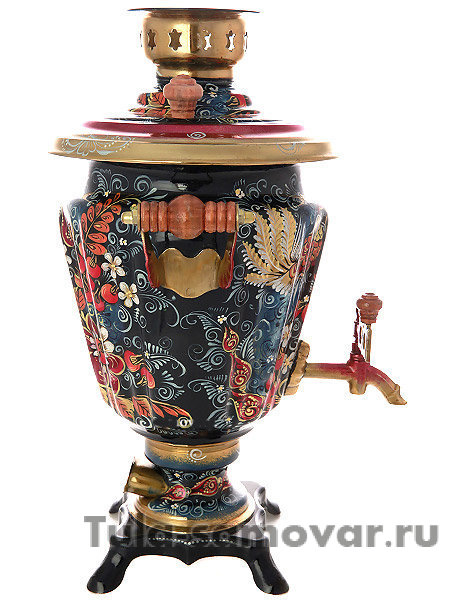 Набор самовар электрический 3 литра с художественной росписью "Хохлома на синем фоне мелкая", арт. 140421