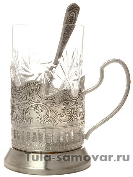 Набор для чая с подстаканником "Кольчугинские зори Глухарь в кольце" посеребренный Кольчугино