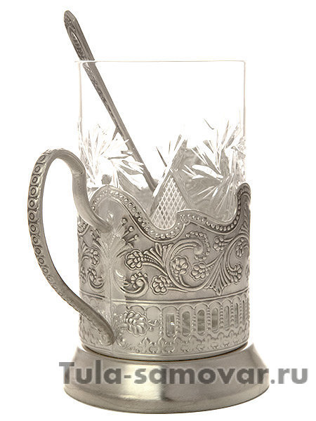 Набор для чая с подстаканником "Кольчугинские зори Глухарь в кольце" посеребренный Кольчугино