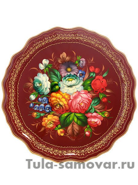 Поднос с художественной росписью "Цветы на бордовом фоне", круглый, арт. 9286