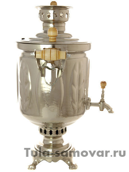 Самовар на дровах 5 л никелированный цилиндр "Листья"