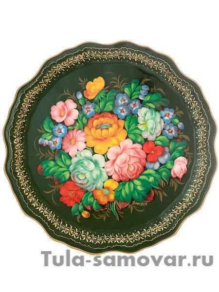 Поднос с художественной росписью "Цветы на зеленом фоне", круглый, арт. 9285