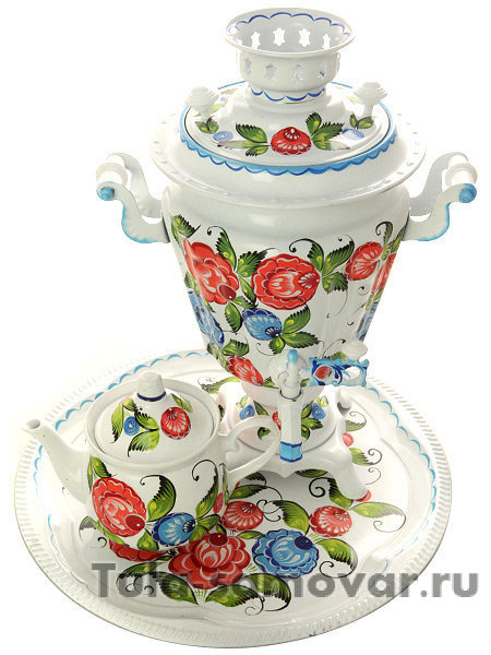 Набор самовар электрический 3 литра с художественной росписью "Цветы на белом фоне", арт. 121416