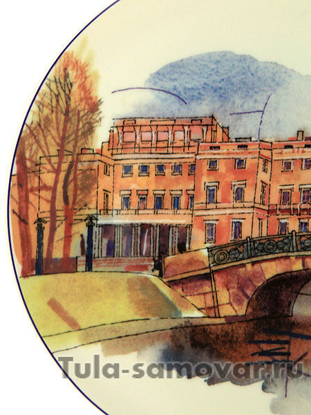 Тарелка декоративная форма Эллипс рисунок Нижне-Лебяжий мост Императорский фарфоровый завод