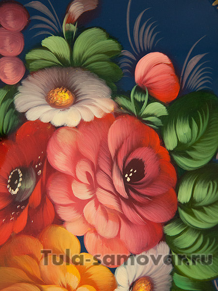 Поднос "Пионы и ромашки на синем" овальный фигурный