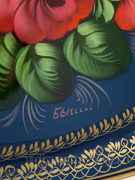 Поднос "Пионы и ромашки на синем" овальный фигурный