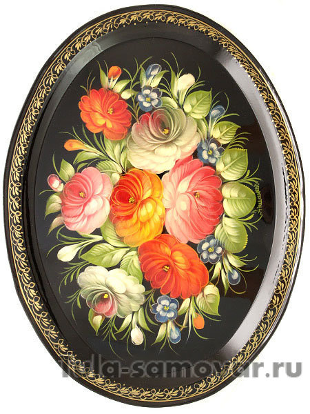 Поднос с художественной росписью "Цветы на черном фоне", овальный, арт. 2414
