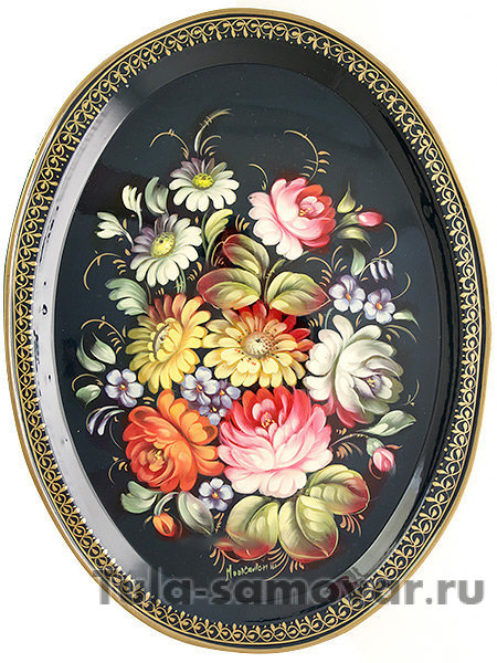 Поднос с художественной росписью "Цветы на черном фоне", овальный, арт. 9211