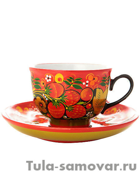 Чашка с блюдцем чайная "Хохлома классическая на красном"